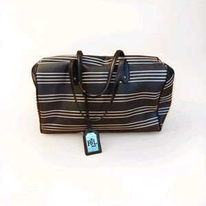 Lauren Ralph Lauren Tote Shoulder Bag Purse Black White Stripe Travel